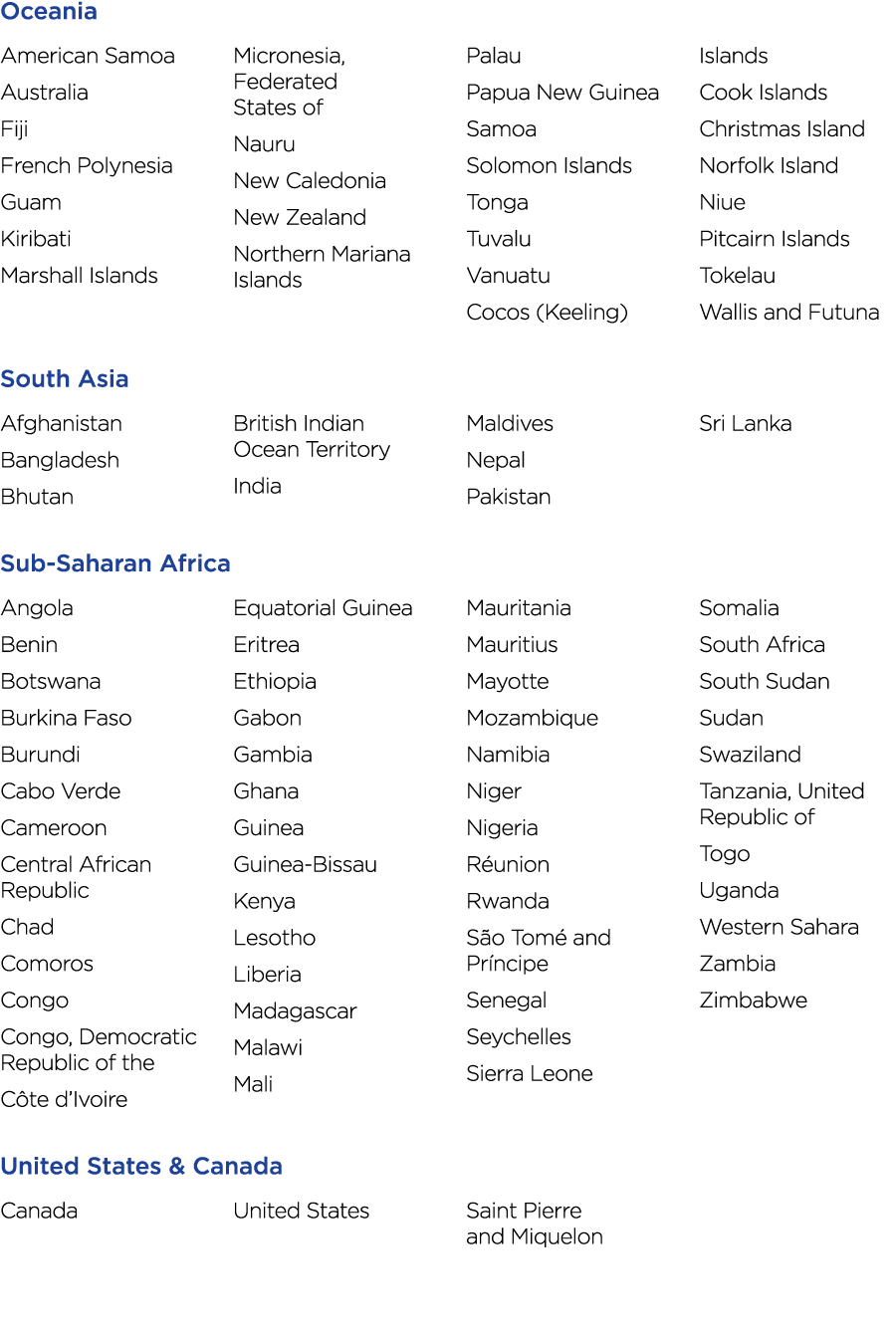 Oceania American Samoa Australia Fiji French Polynesia Guam Kiribati Marshall Islands Micronesia, Federated States of   