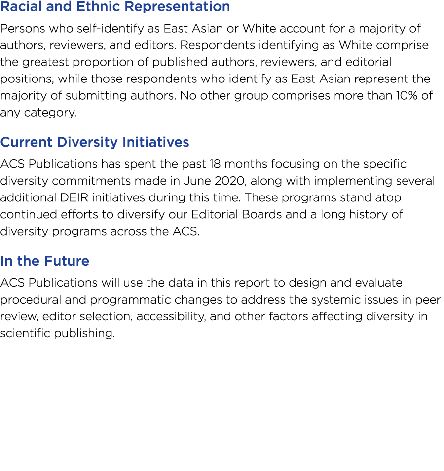 Racial and Ethnic Representation Persons who self-identify as East Asian or White account for a majority of authors,    