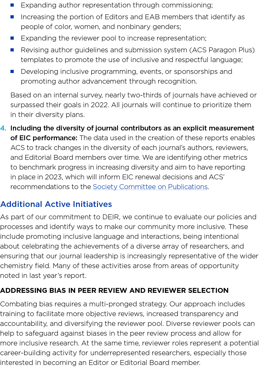   Expanding author representation through commissioning;   Increasing the portion of Editors and EAB members that ide   