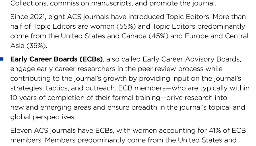 Collections, commission manuscripts, and promote the journal  Since 2021, eight ACS journals have introduced Topic Ed   