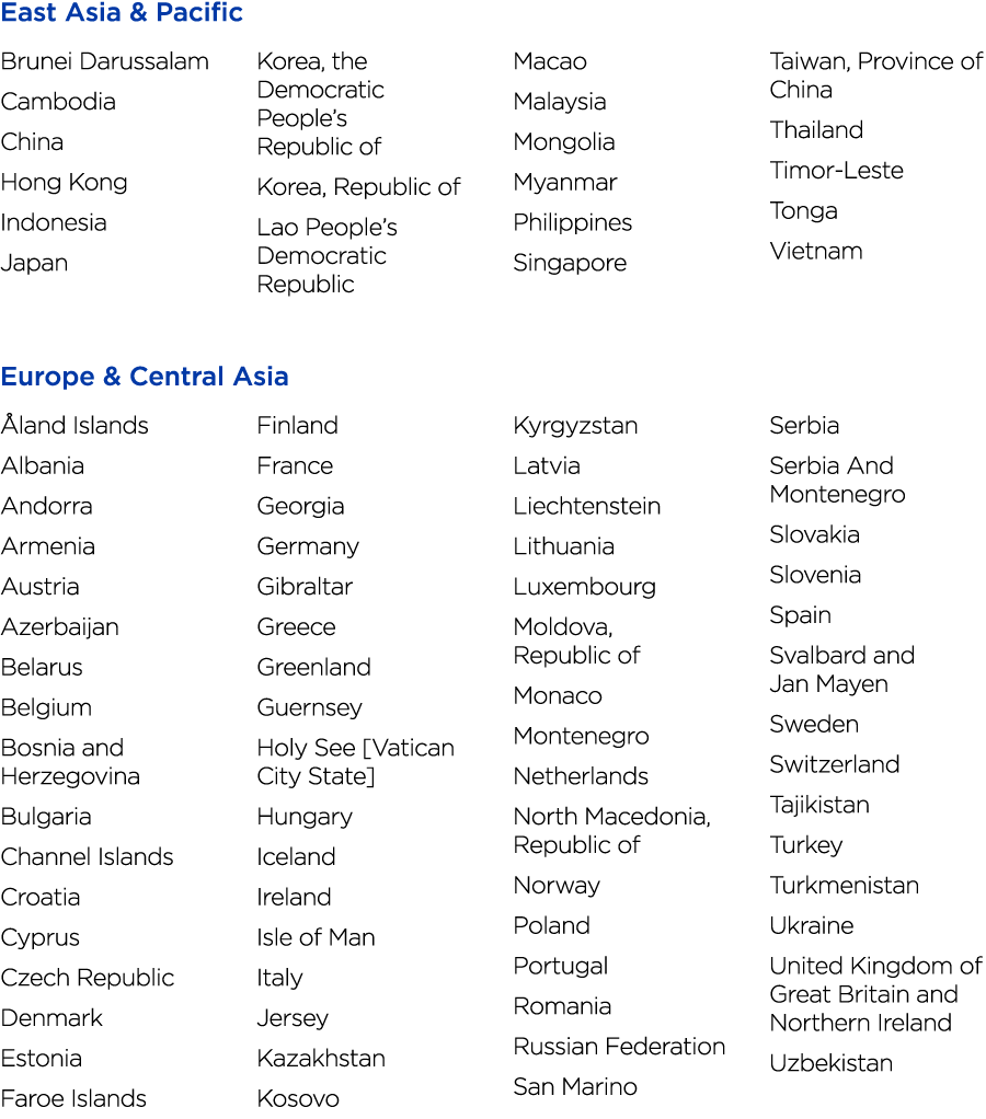 East Asia & Pacific Brunei Darussalam Cambodia China Hong Kong Indonesia Japan Korea, the Democratic People s Republi   
