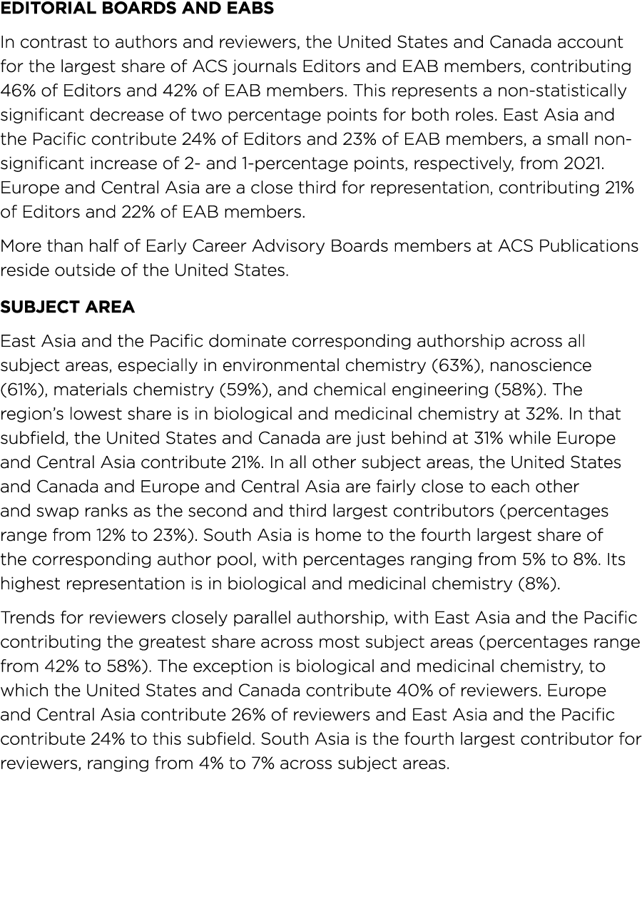Editorial Boards and EABs In contrast to authors and reviewers, the United States and Canada account for the largest    