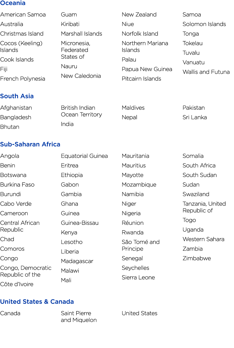Oceania American Samoa Australia Christmas Island Cocos (Keeling) Islands Cook Islands Fiji French Polynesia Guam Kir   
