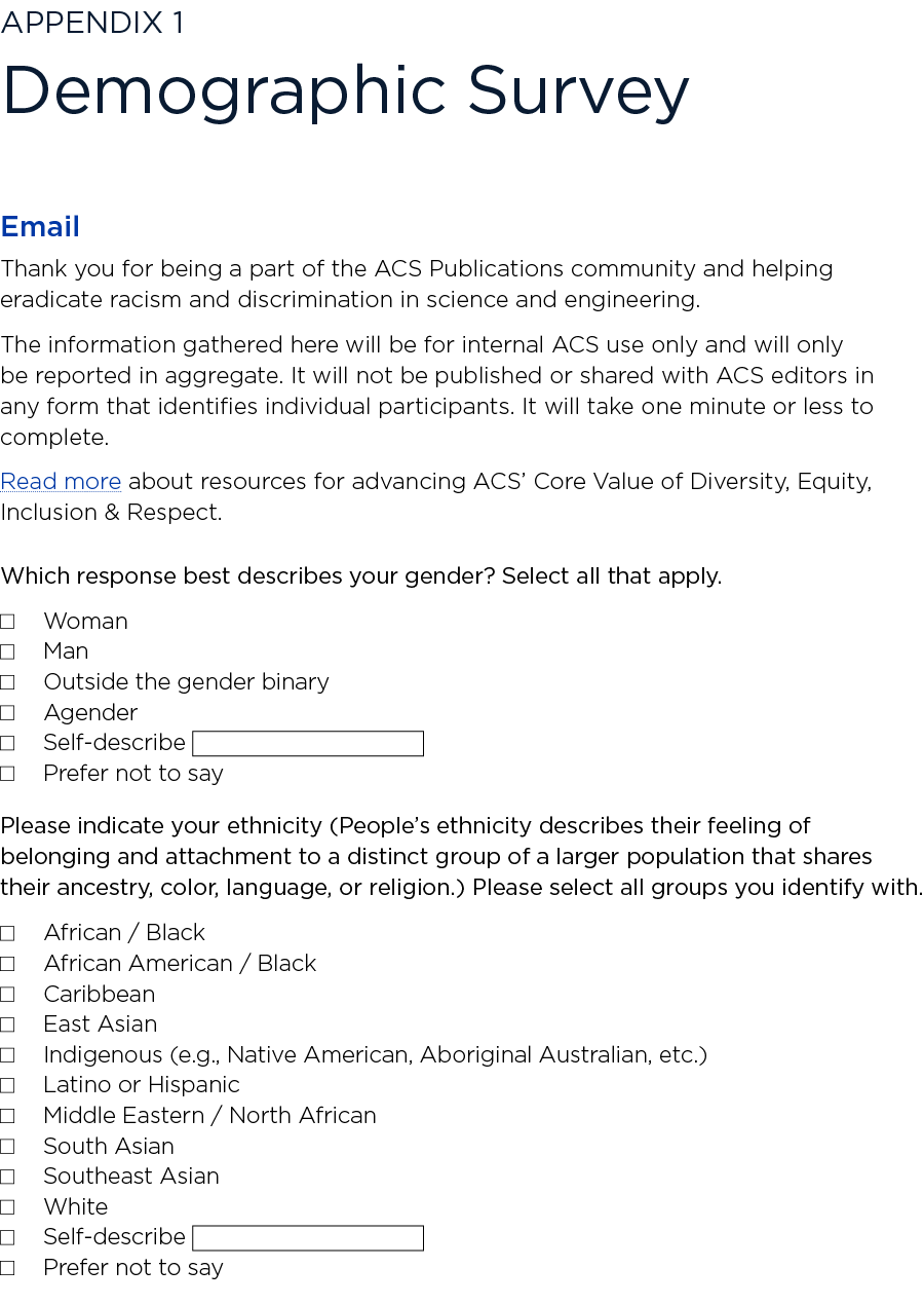 ﻿﻿Appendix 1 Demographic Survey Email Thank you for being a part of the ACS Publications community and helping eradic...