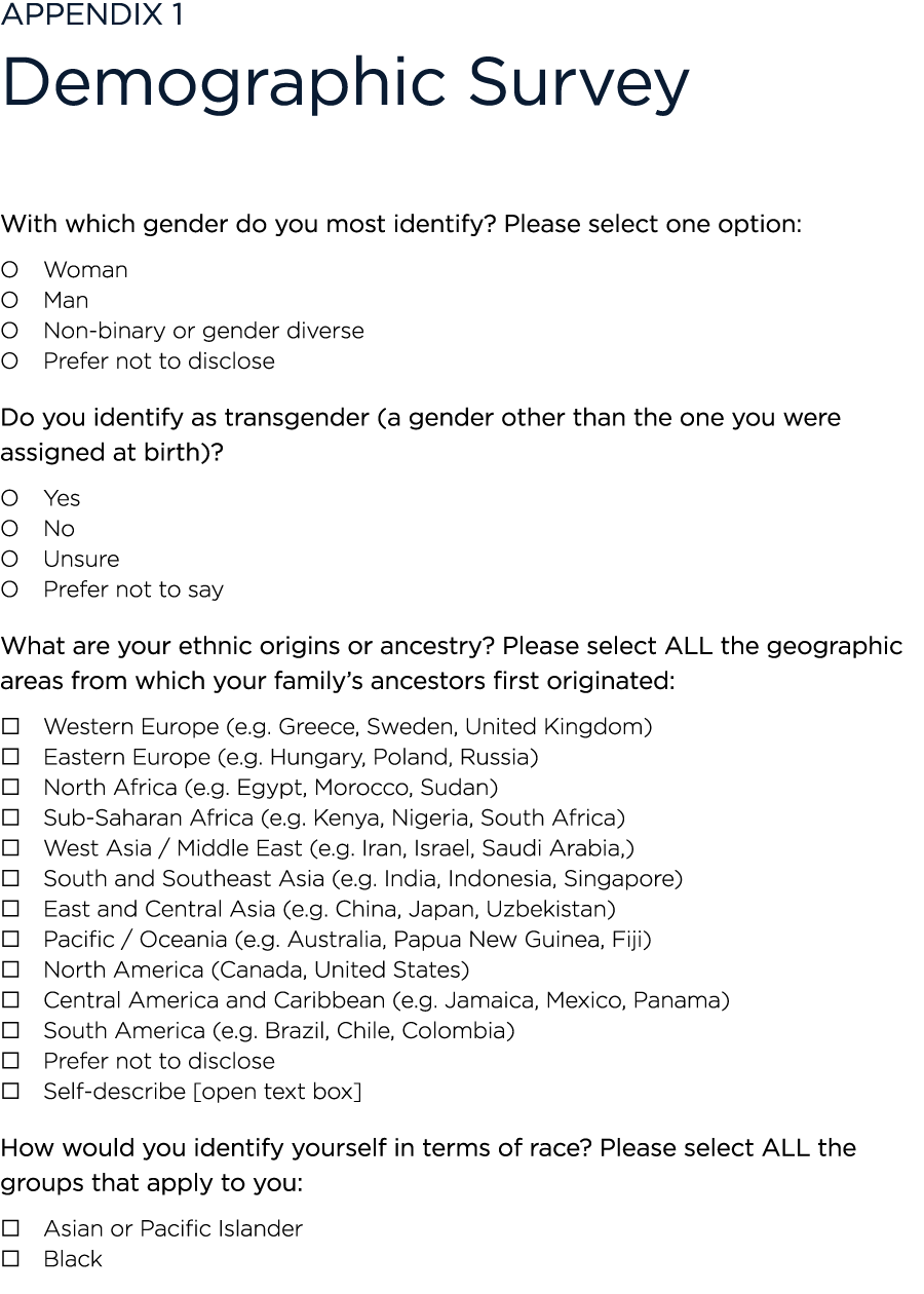 Appendix 1 Demographic Survey With which gender do you most identify? Please select one option: O Woman O Man O Non ...