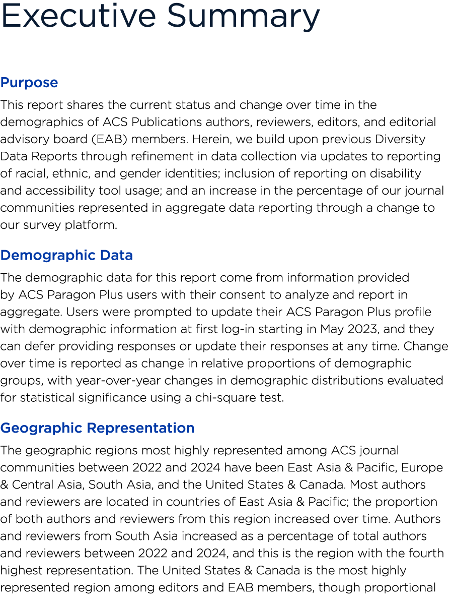 Executive Summary Purpose This report shares the current status and change over time in the demographics of ACS Publ...