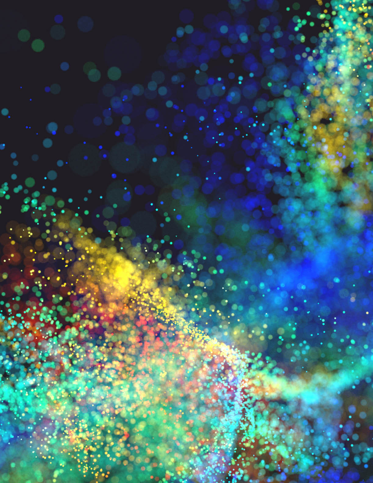 Abstract shape of multi colored particles on a dark background