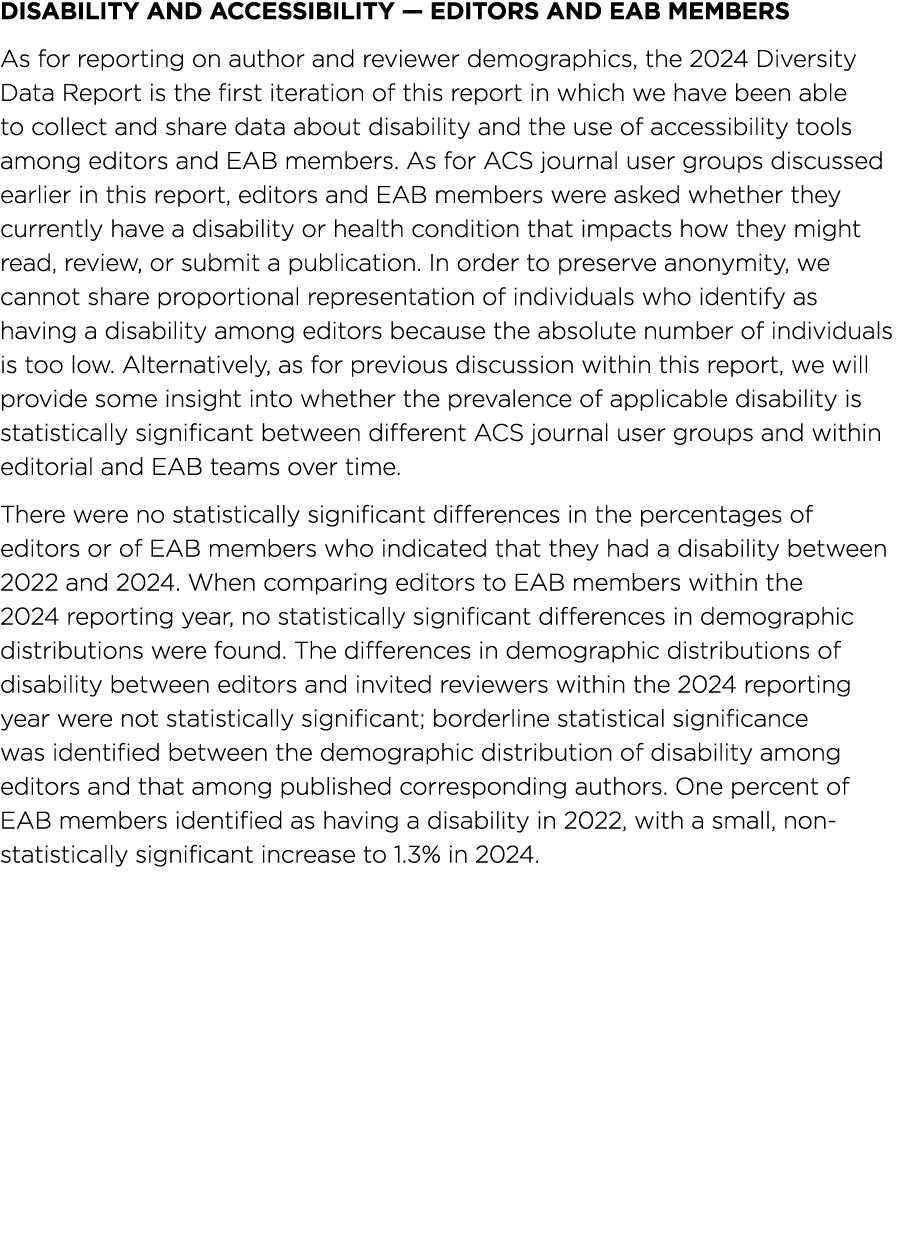 Disability and Accessibility — Editors and EAB Members As for reporting on author and reviewer demographics, the 2024...